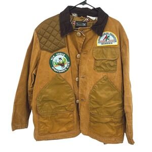 Vintage Sears Duck Canvas Hunting Jacket XL Corduroy Collar Shooting 60s Patches